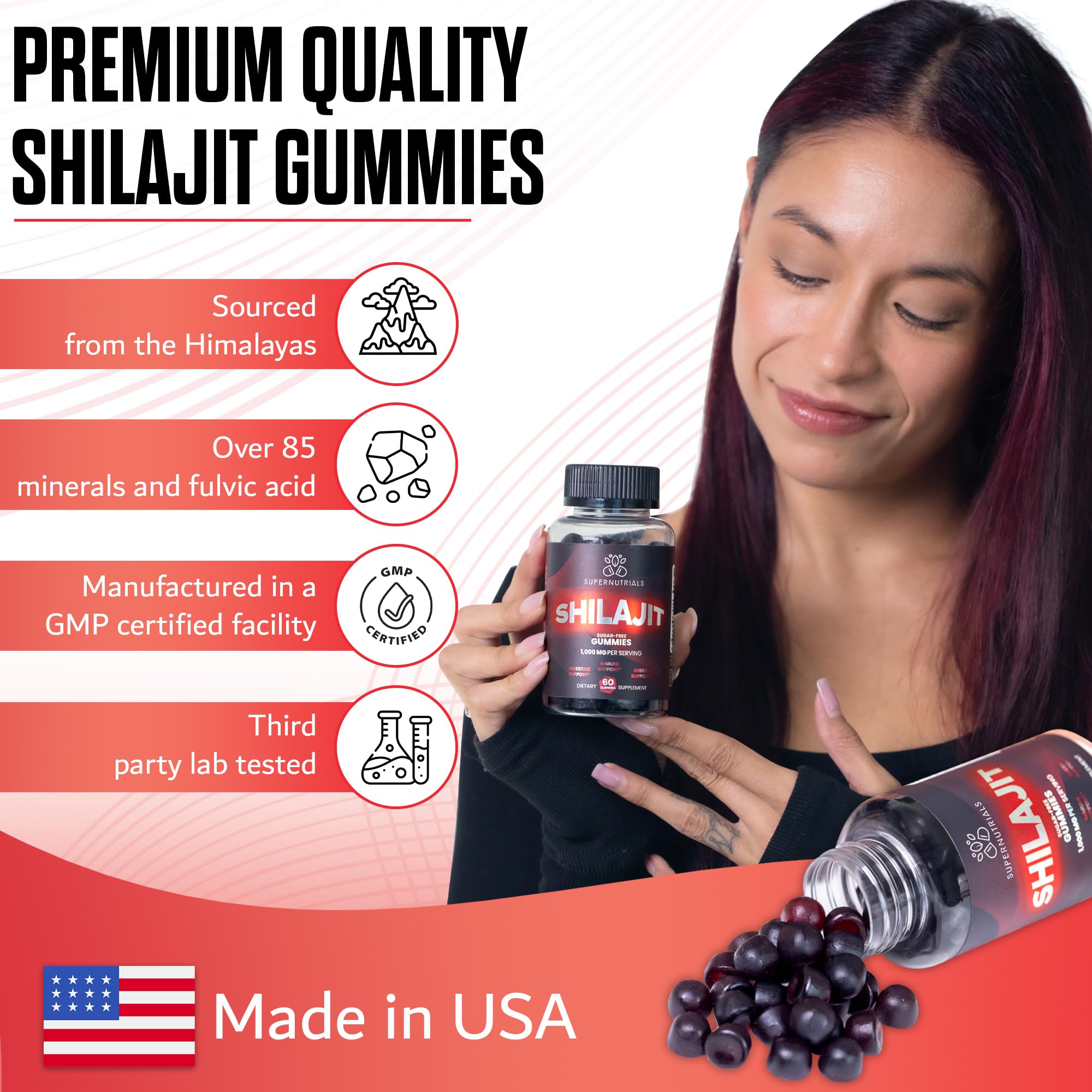 SUPERNUTRIALS Shilajit Gummies organic icons, non-GMO and sugar-free.