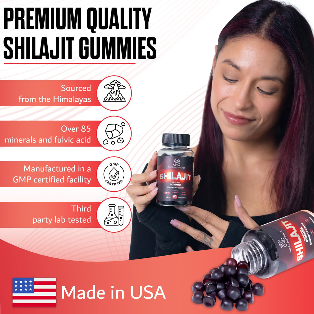 SUPERNUTRIALS Shilajit Gummies organic icons, non-GMO and sugar-free.