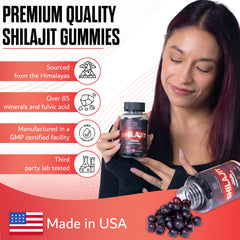 SUPERNUTRIALS Shilajit Gummies organic icons, non-GMO and sugar-free.