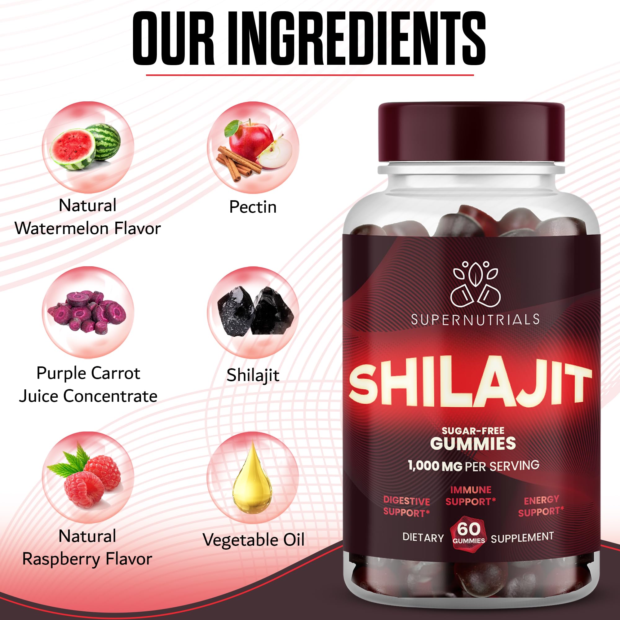 SUPERNUTRIALS Shilajit Gummies pour, convenient on-the-go energy.