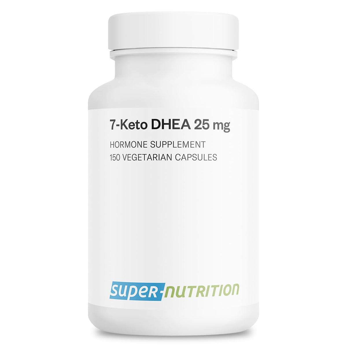 Supersmart 7-Keto DHEA bottle front with clear label and vegan capsules for daily use