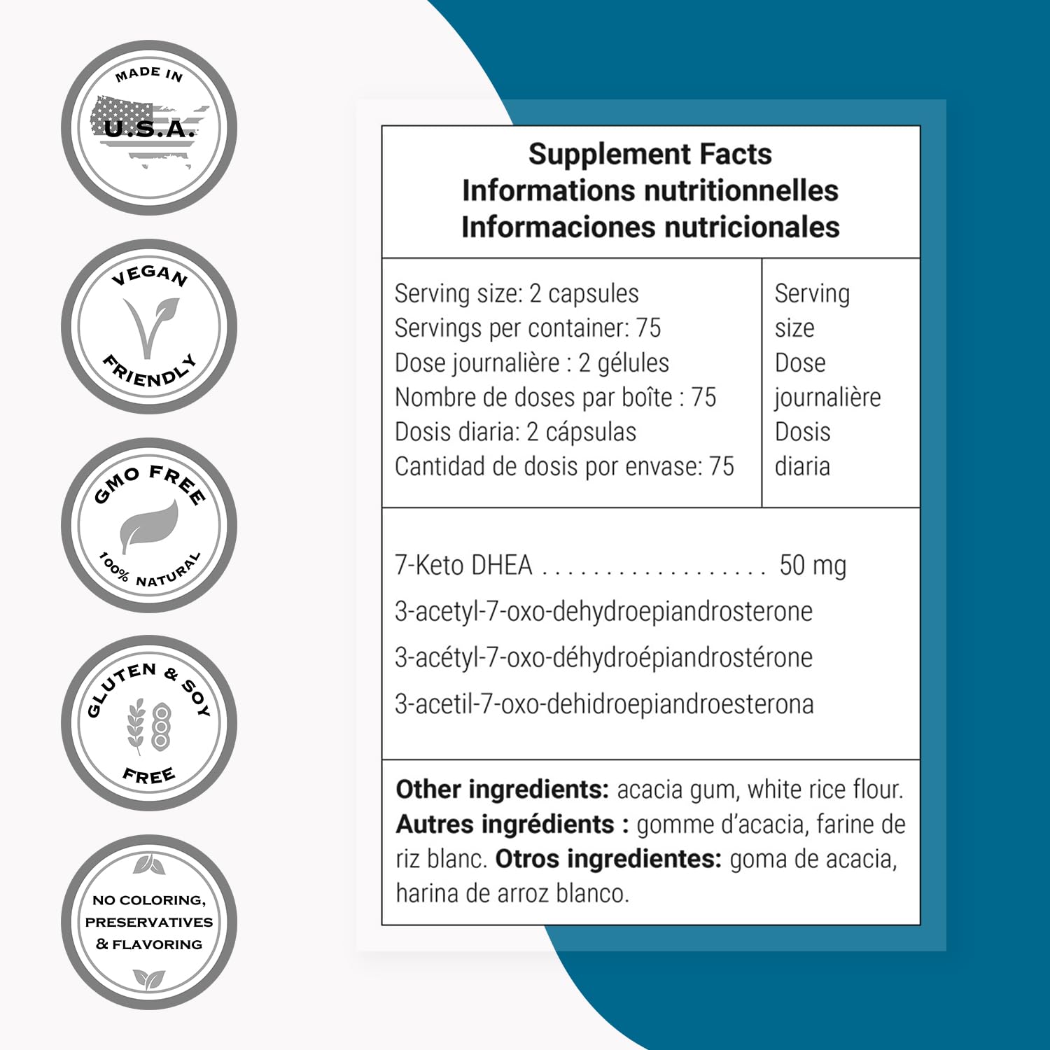 Label close-up of Supersmart 7-Keto DHEA showing 25 mg per capsule dose