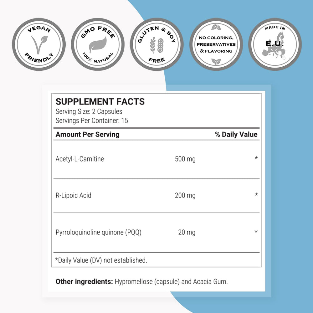 Supersmart Acetyl-L-Carnitine capsules illustrating mitochondrial energy helpers.
