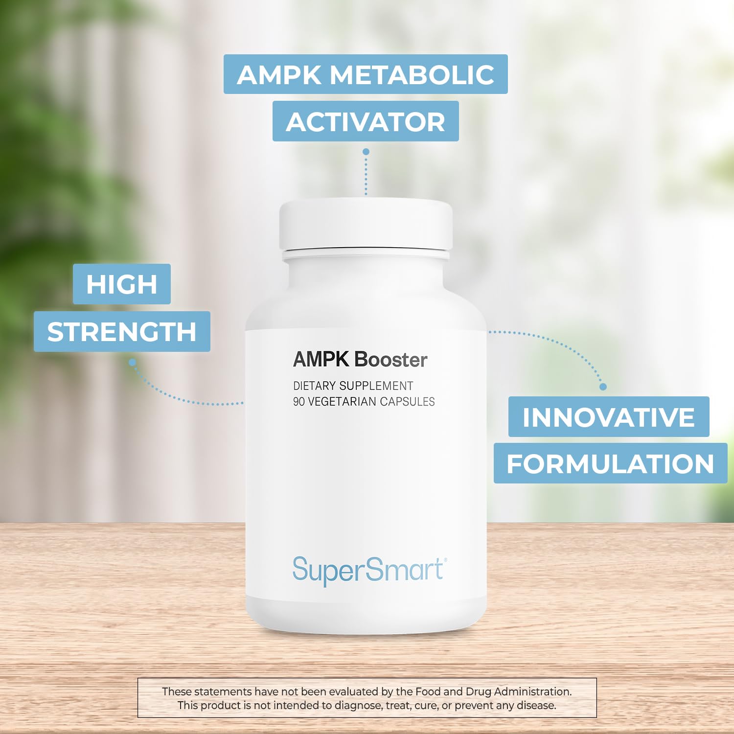Supersmart AMPK Booster label highlighting non-GMO and gluten-free formula.