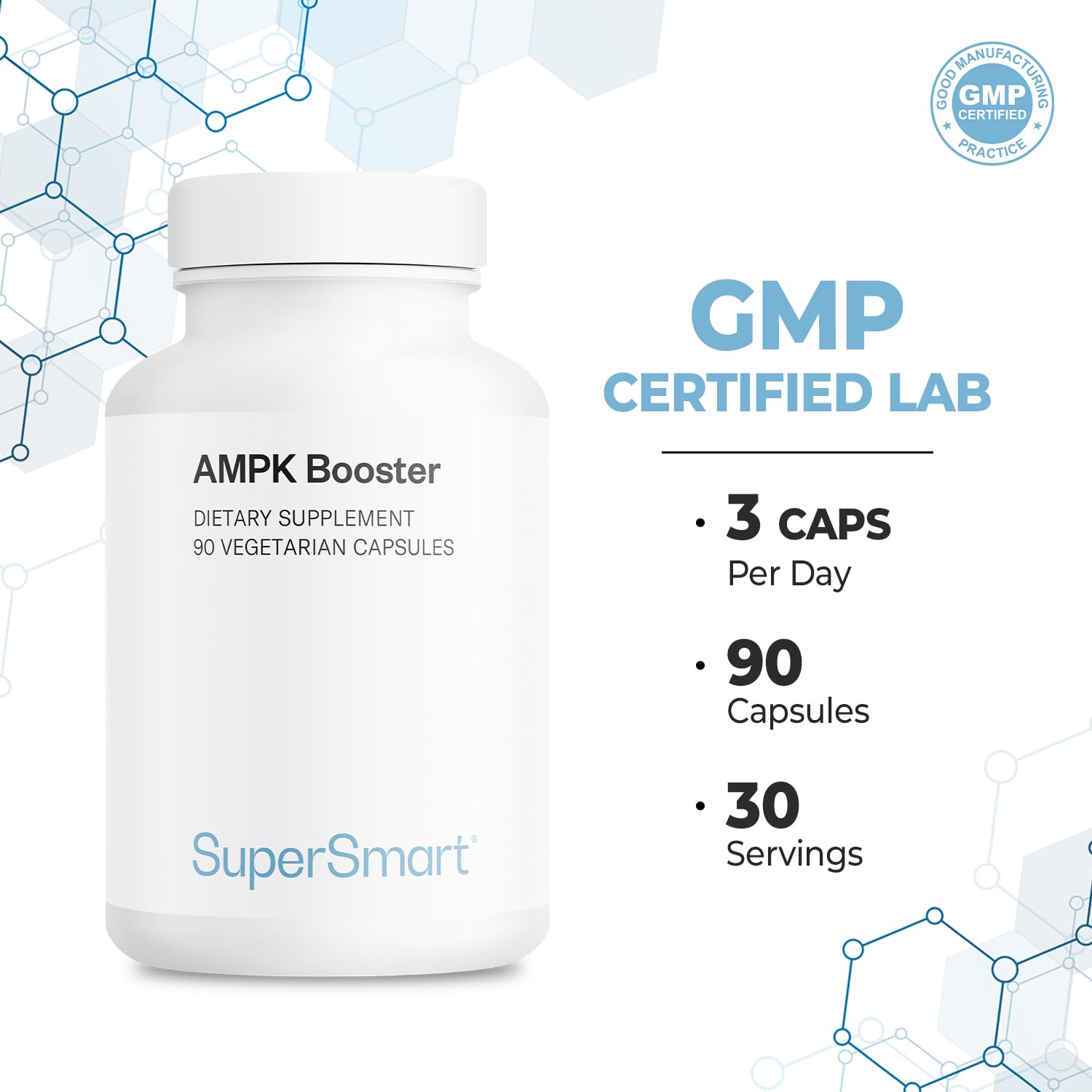 Non-GMO and gluten-free icon on Supersmart AMPK Booster packaging.
