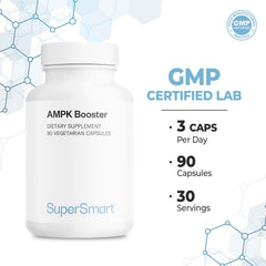 Non-GMO and gluten-free icon on Supersmart AMPK Booster packaging.