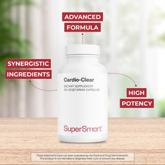 Supersmart Cardio Clear capsules inside bottle showing vegetarian formula.