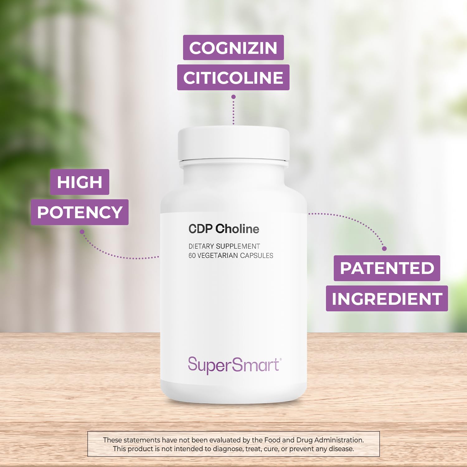 Supersmart CDP Choline bottle shows four-capsule daily dosage.
