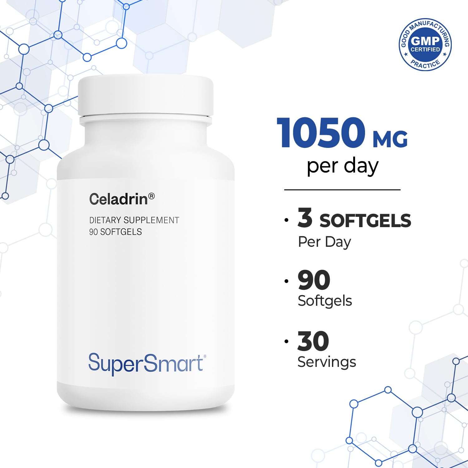 Supersmart Celadrin 1050mg bottle with capsules spilled for everyday routine