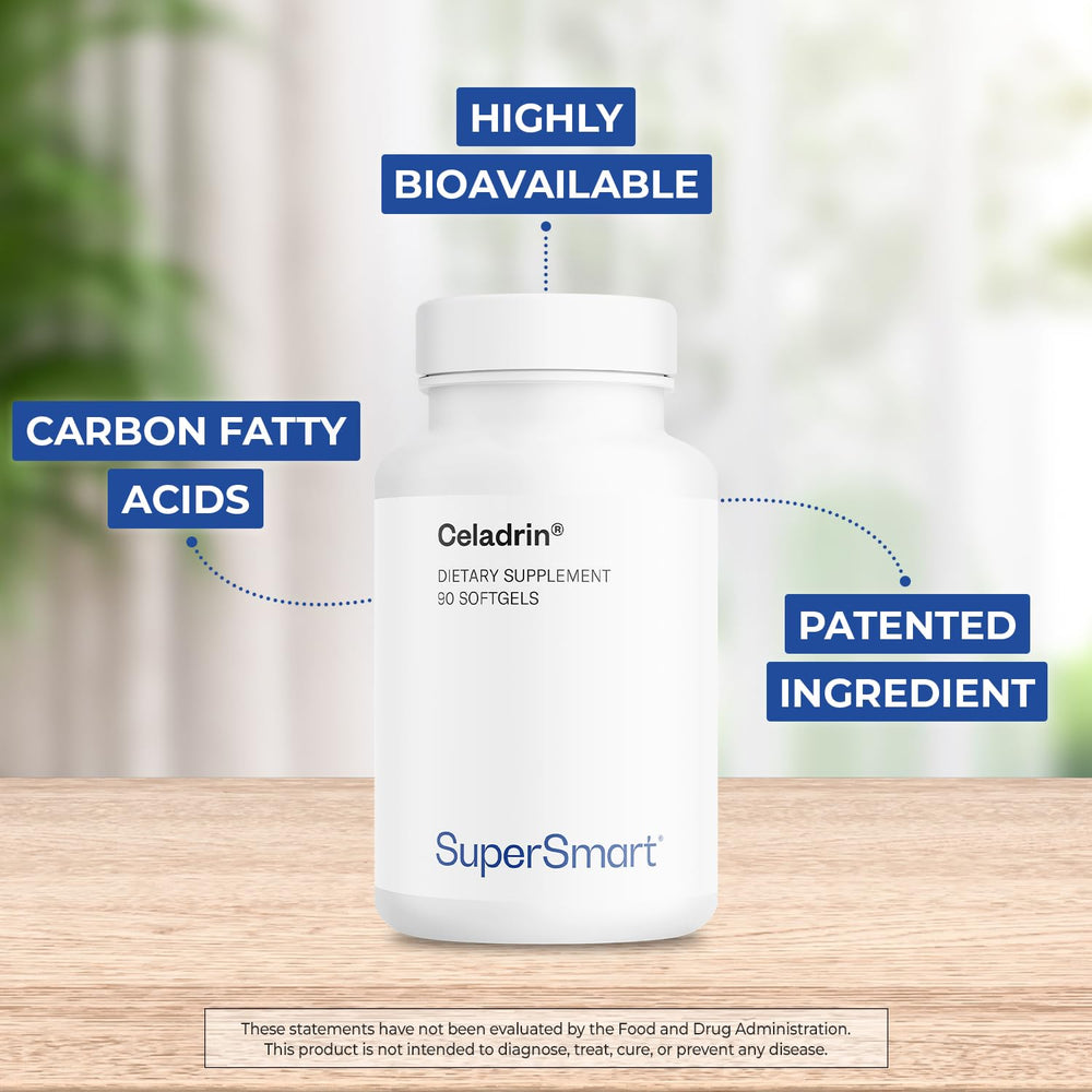 Front label of Supersmart Celadrin 1050mg highlighting patented esterified fatty acids