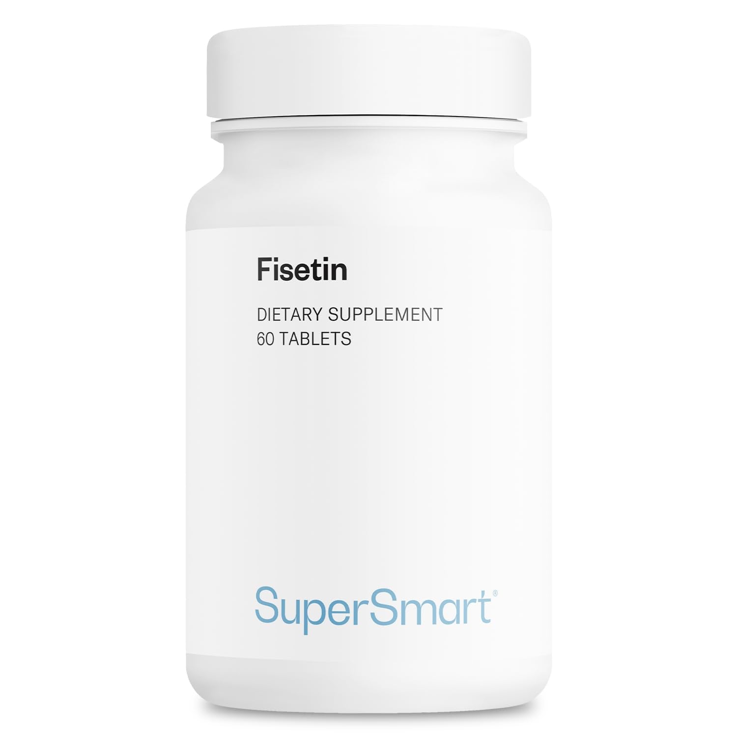 Supersmart Fisetin 60-tablet bottle shows 98% purity and high quality.