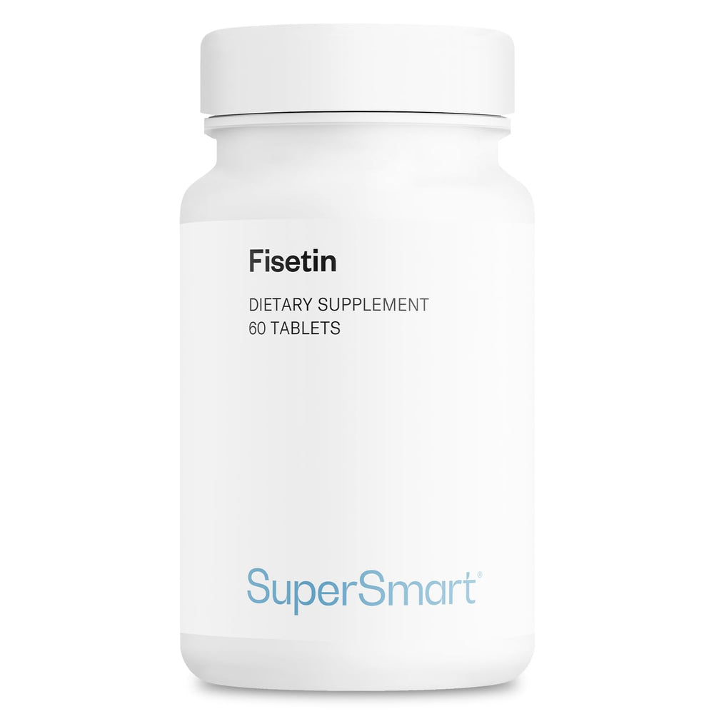 Supersmart Fisetin 60-tablet bottle shows 98% purity and high quality.
