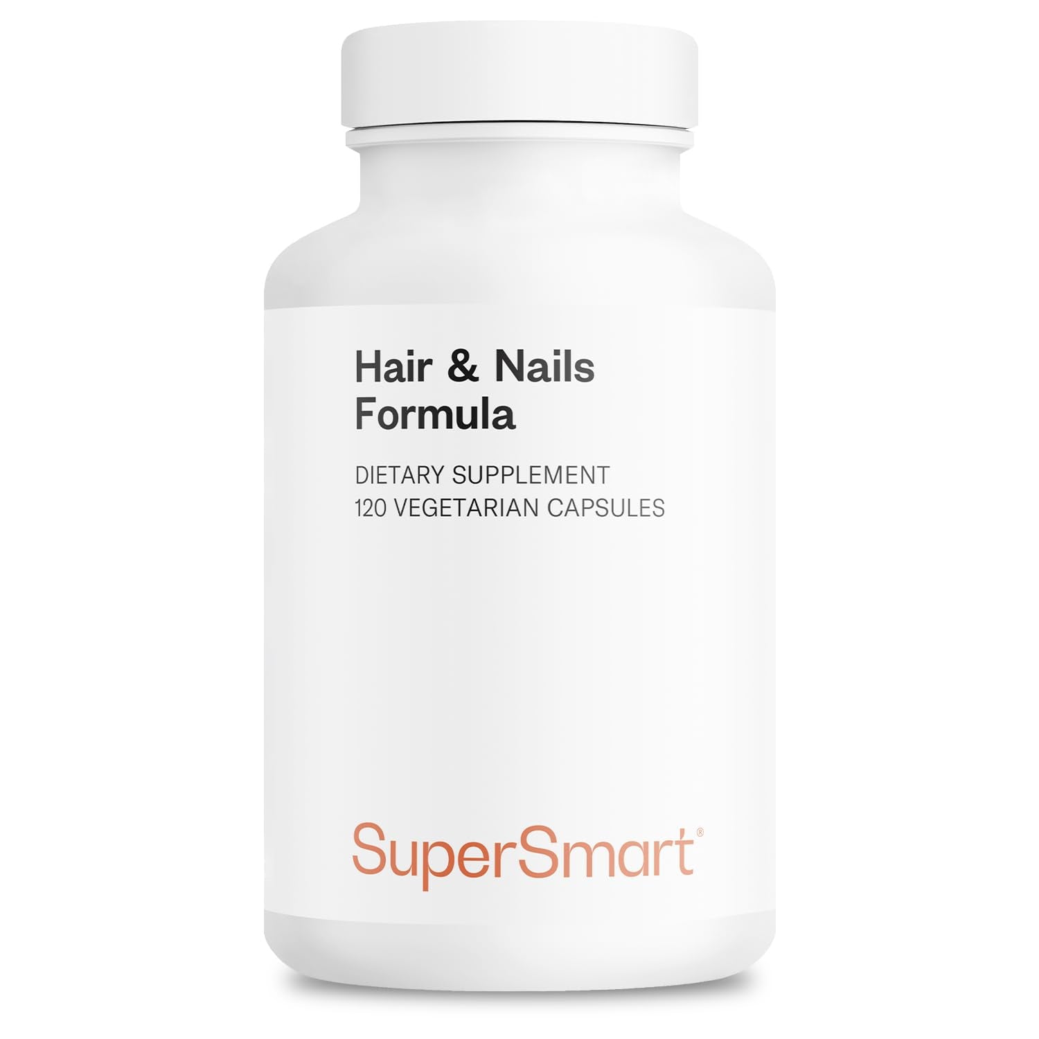 Supersmart Hair & Nails Formula bottle showing inner nutrition for hair and nails.