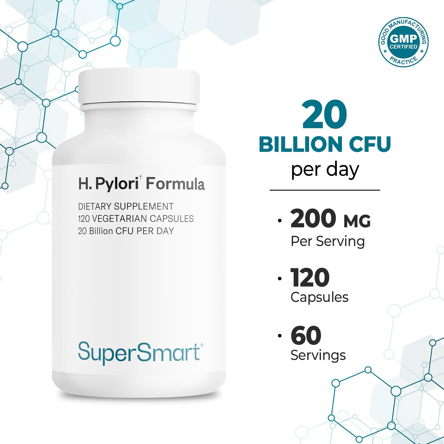 Supersmart H. Pylori Formula label details the Pylopass strain for a daily probiotic routine.