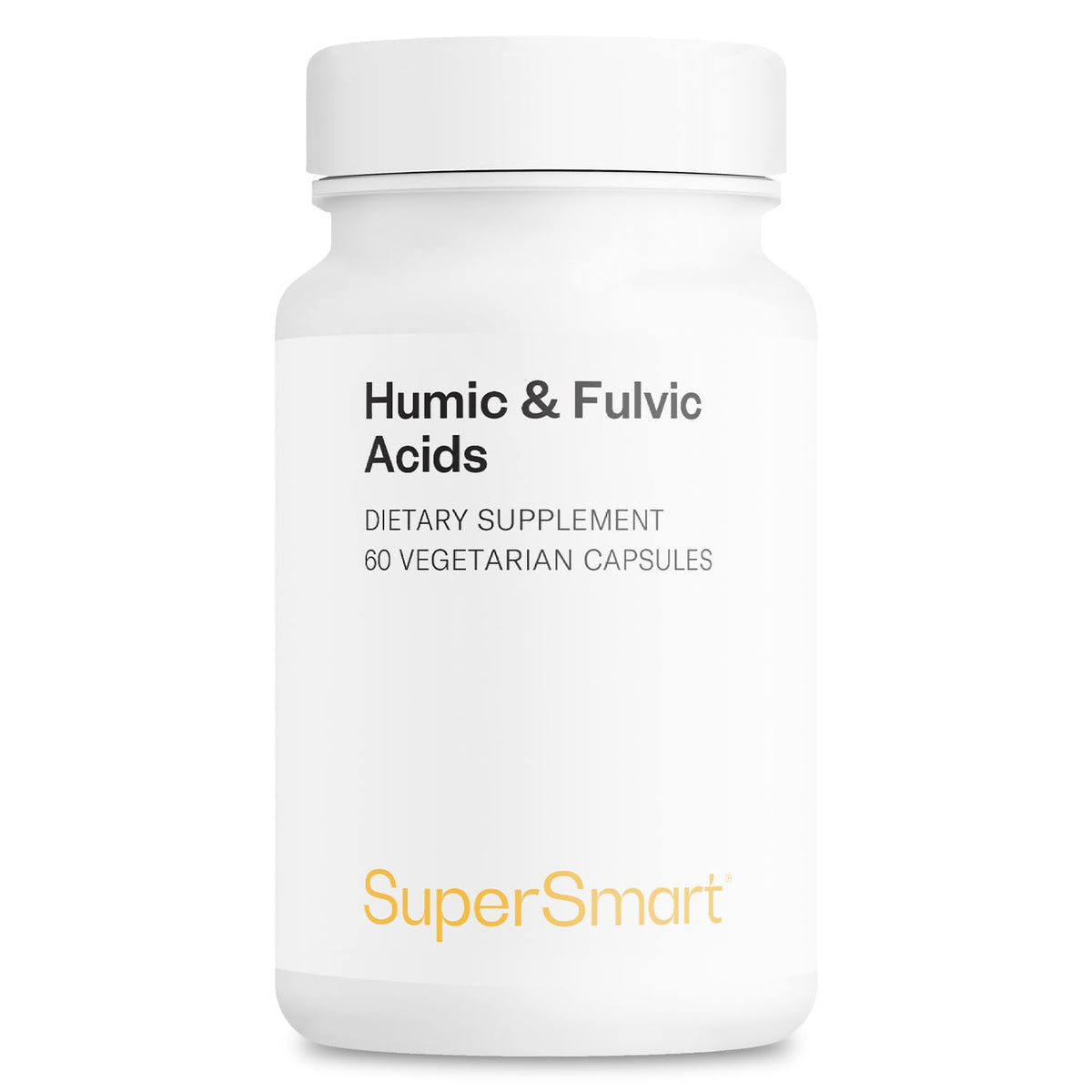 Supersmart Humic-Fulvic acid supplement bottle on a clean counter supports daily mineral intake.