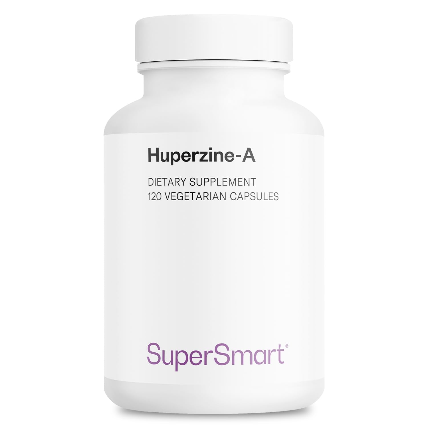 Supersmart Huperzine-A bottle with label highlights non-GMO, gluten-free formula.