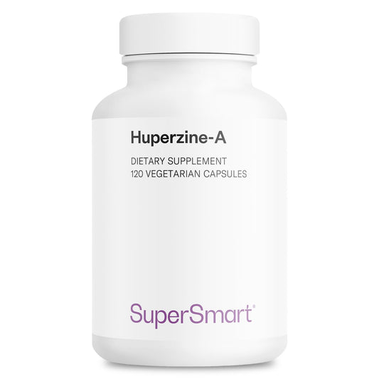 Supersmart Huperzine-A bottle with label highlights non-GMO, gluten-free formula.