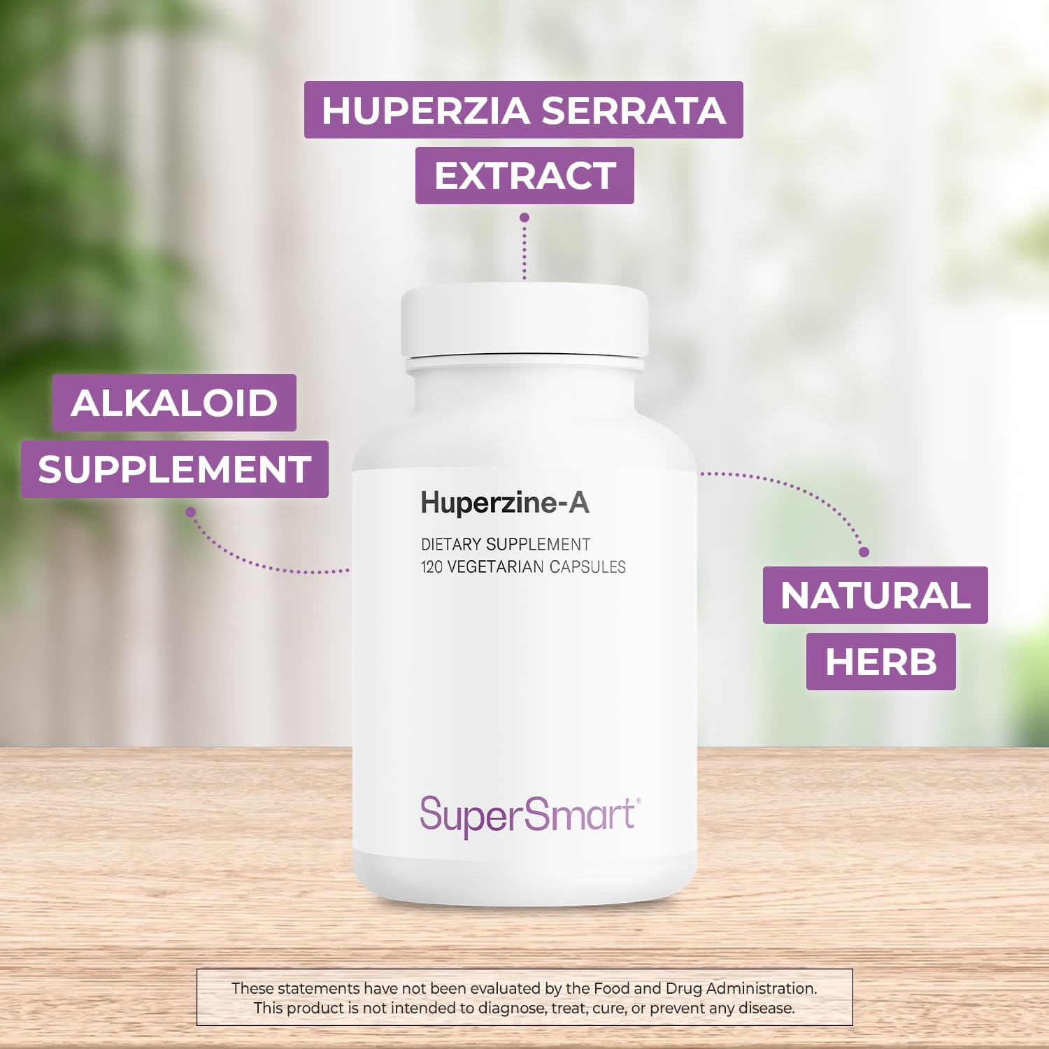 Back label of Supersmart Huperzine-A bottle shows vegan and gluten-free ingredients.