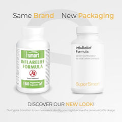 Supersmart InflaRelief capsules closeup highlights convenient vegetarian capsules.