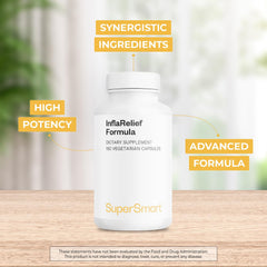 Supersmart InflaRelief ingredients bottle suggests a natural blend for daily use.