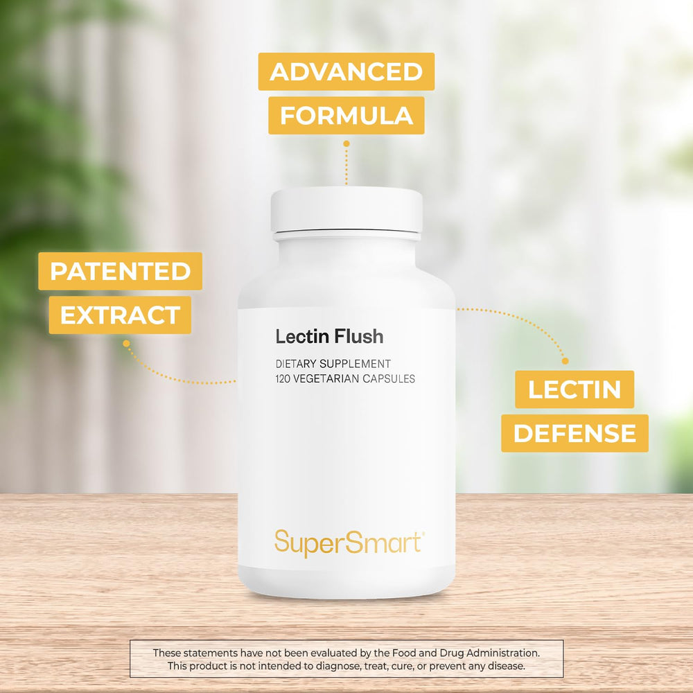 Supersmart Lectin Flush ingredients panel emphasizes NAG, L-glutamine, and natural enzymes.
