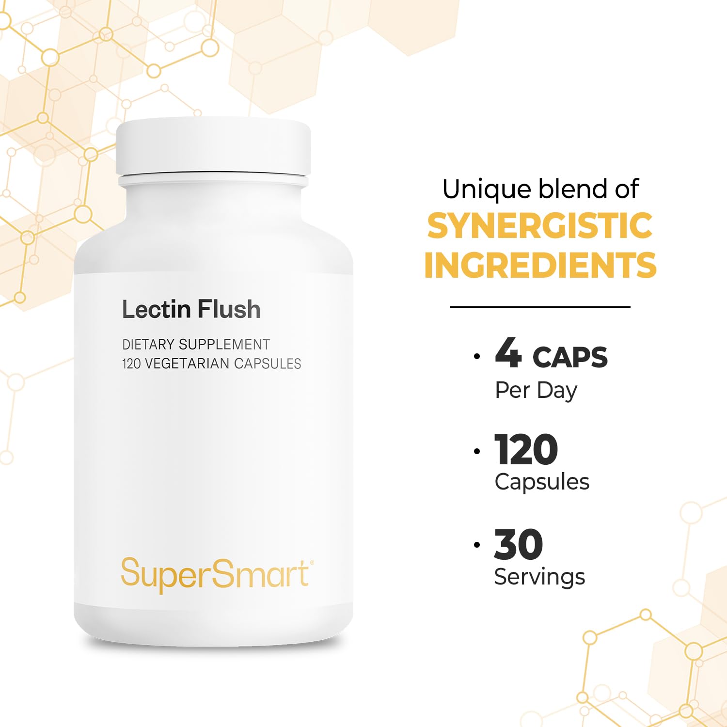 Supersmart Lectin Flush packaging box showcases non-GMO and gluten-free claims.