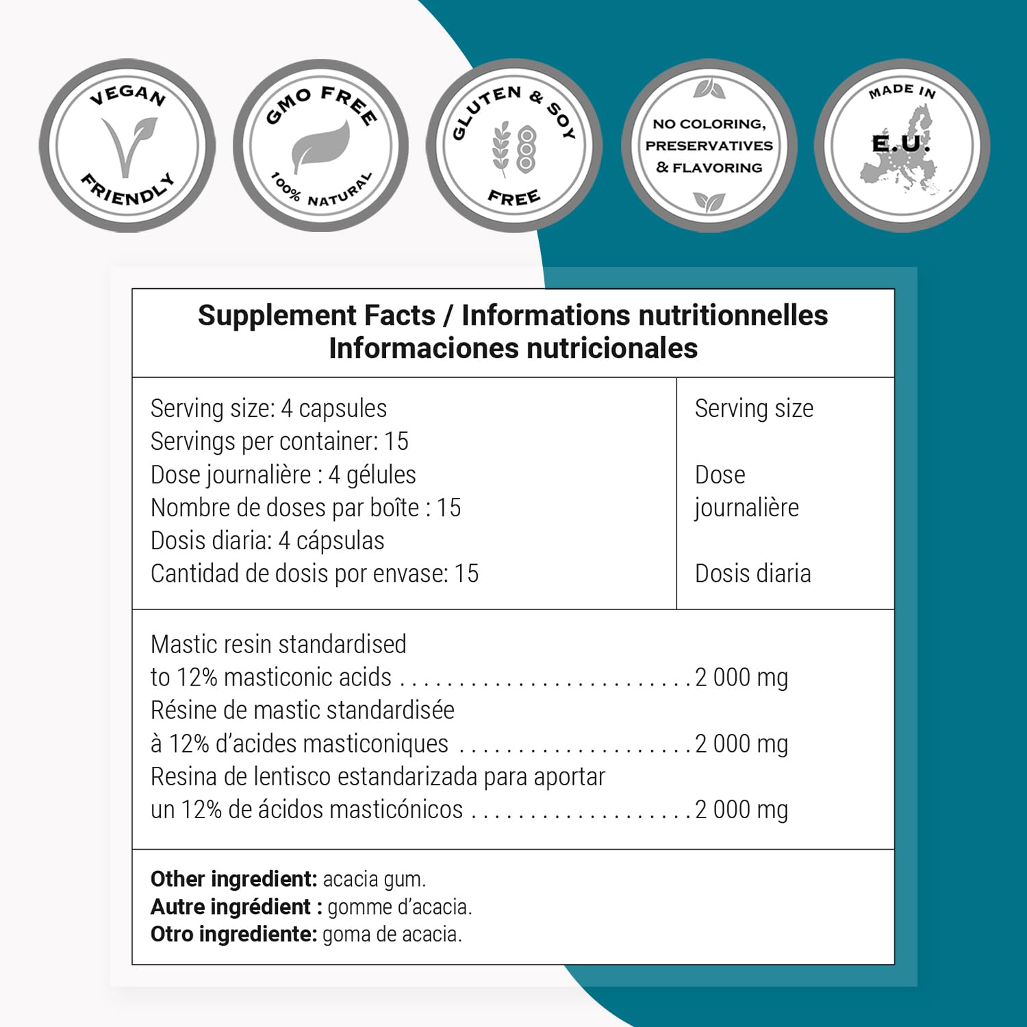 Ingredients list reveals natural mastic resin and acacia gum in Supersmart Gum