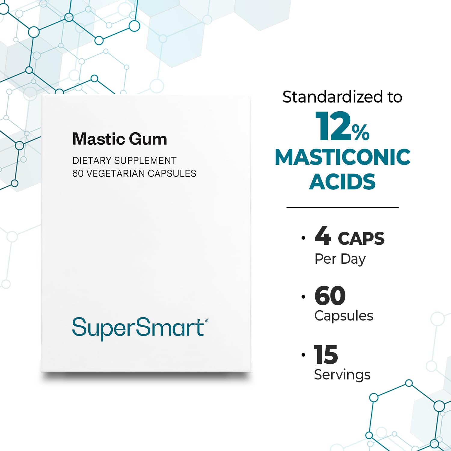 Label info emphasizes vegetarian capsules and 60 count bottle for Supersmart Gum