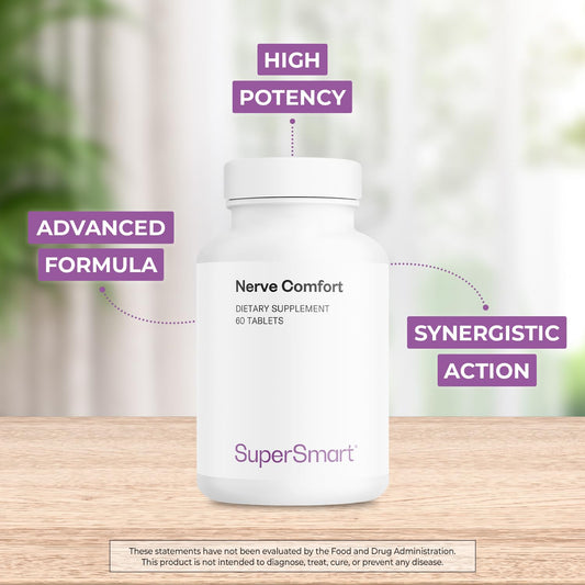 Supersmart Nerve Comfort bottle label highlighting ALA Acetyl-L-Carnitine and magnesium
