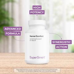 Supersmart Nerve Comfort bottle label highlighting ALA Acetyl-L-Carnitine and magnesium