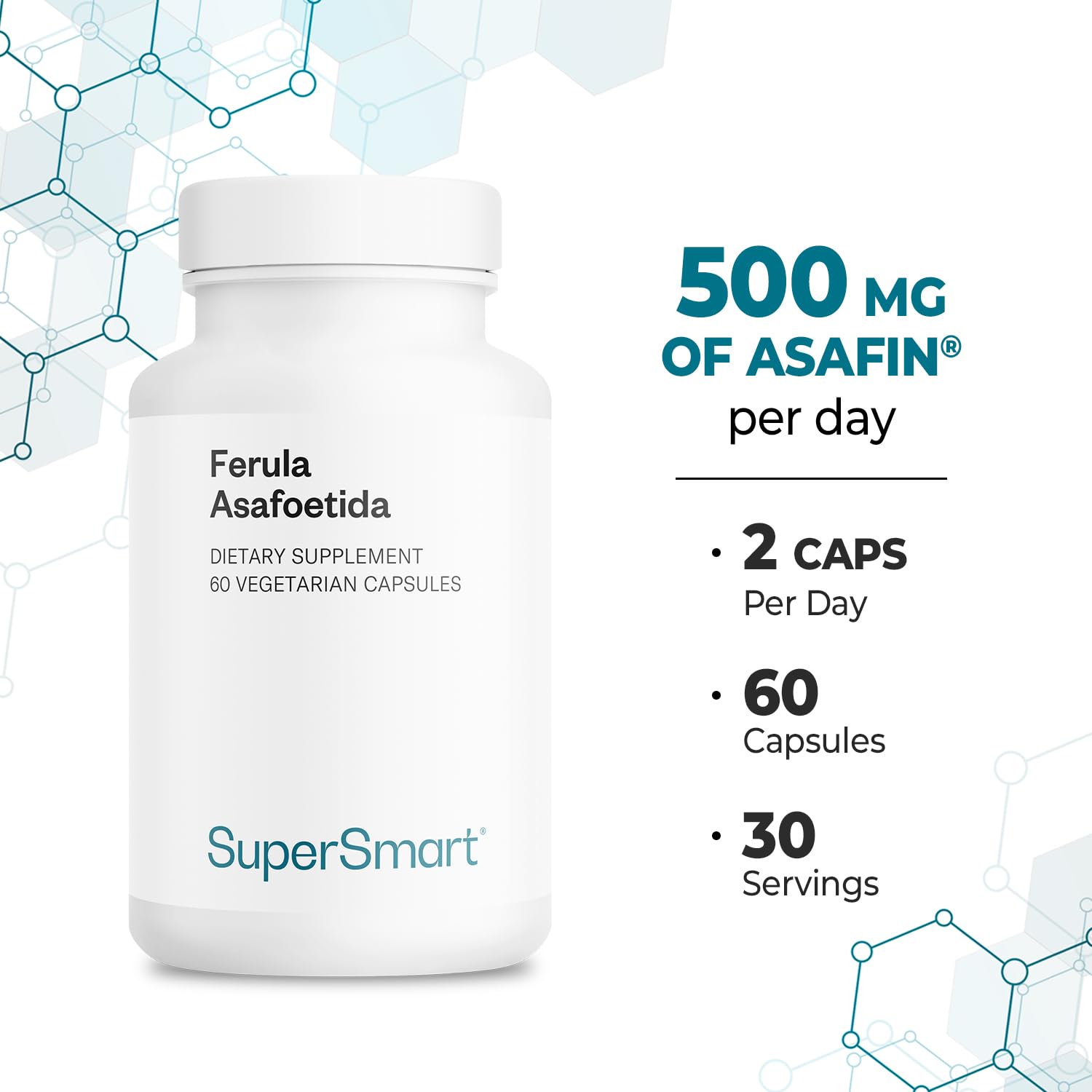 Supersmart Non-GMO gluten-free vegan asafoetida capsules.