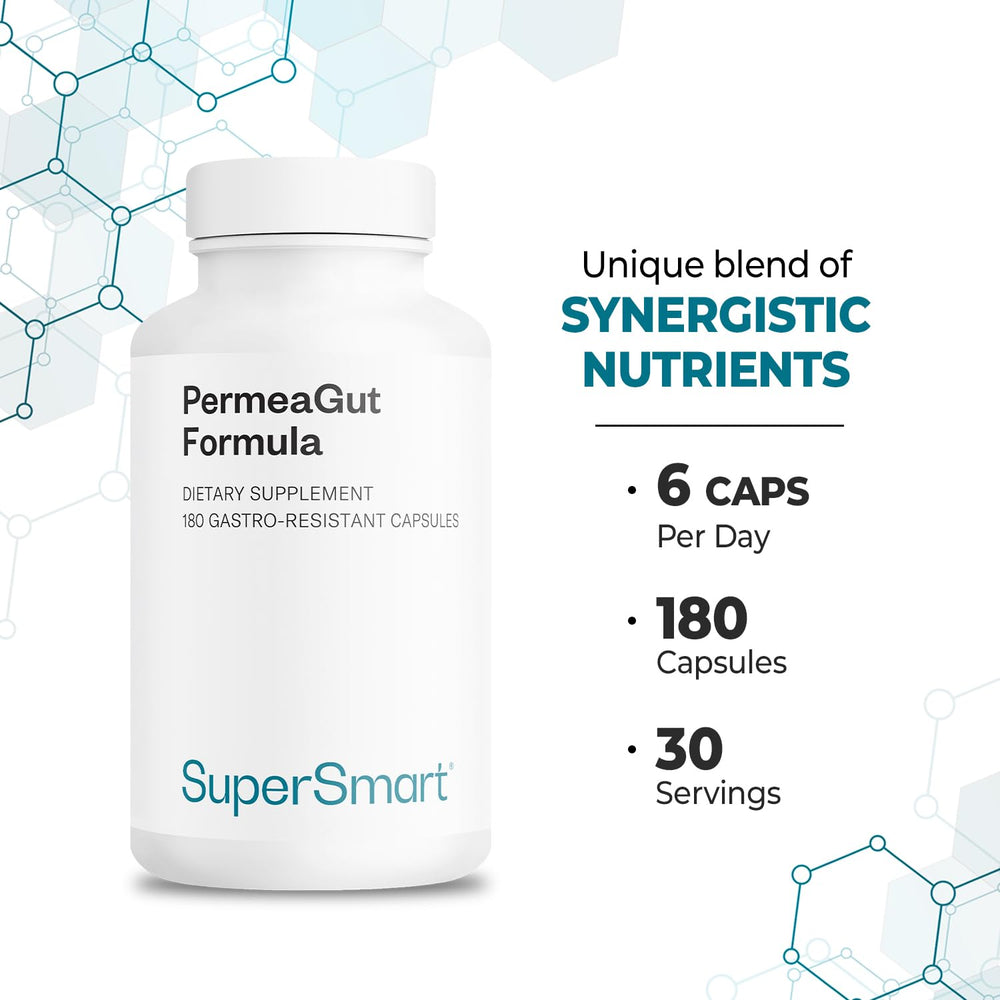Supersmart PermeaGut packaging highlighting vegan and gluten-free formula.