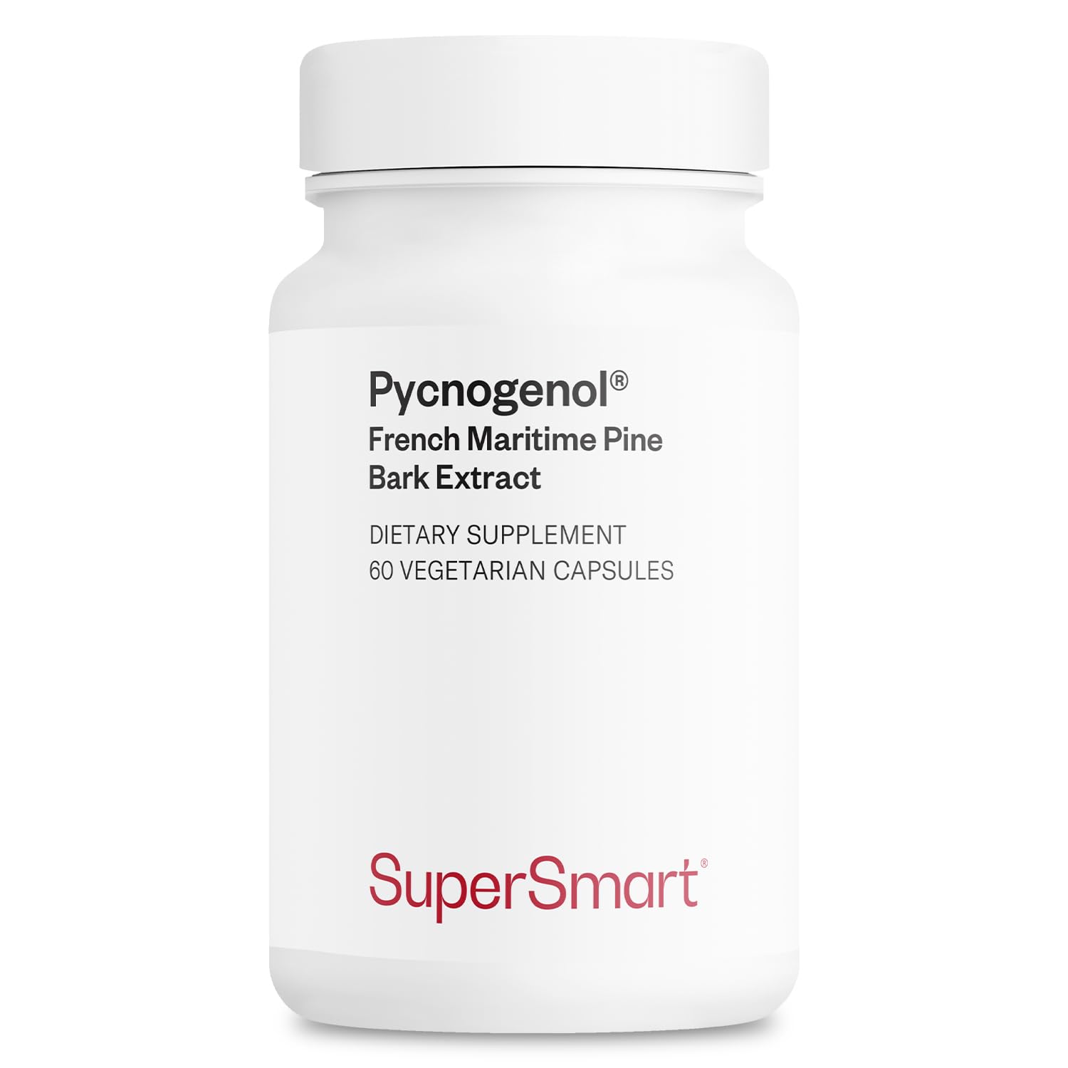 Supersmart Pycnogenol bottle front highlighting pine bark extract for daily antioxidant support.