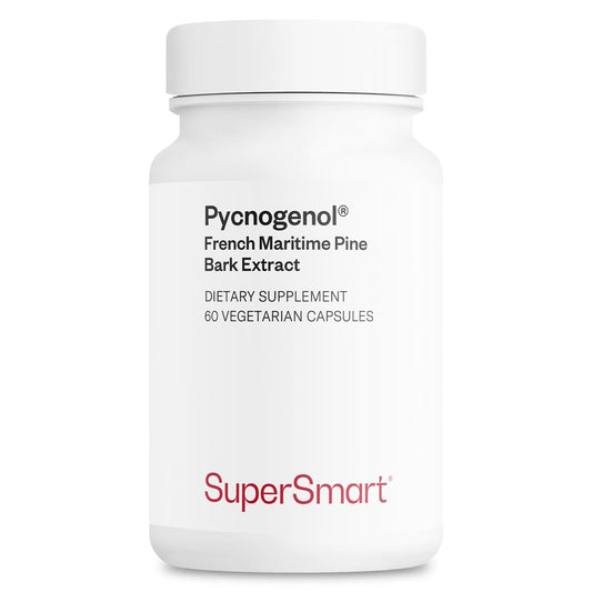 Supersmart Pycnogenol bottle front highlighting pine bark extract for daily antioxidant support.