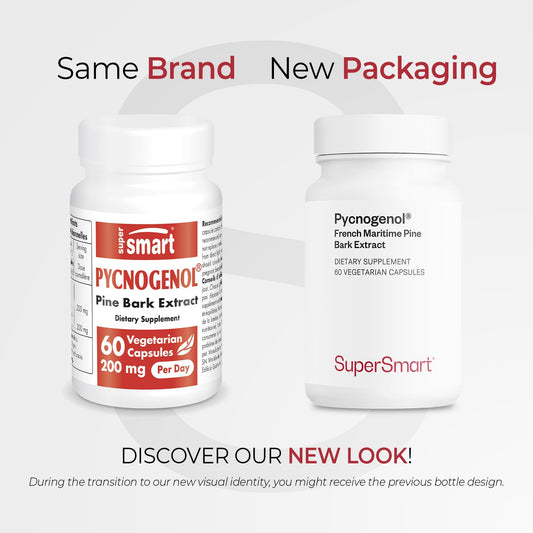 Supersmart Pycnogenol capsules close-up emphasizing OPC-rich formula for longevity support.
