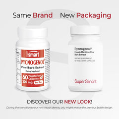 Supersmart Pycnogenol capsules close-up emphasizing OPC-rich formula for longevity support.