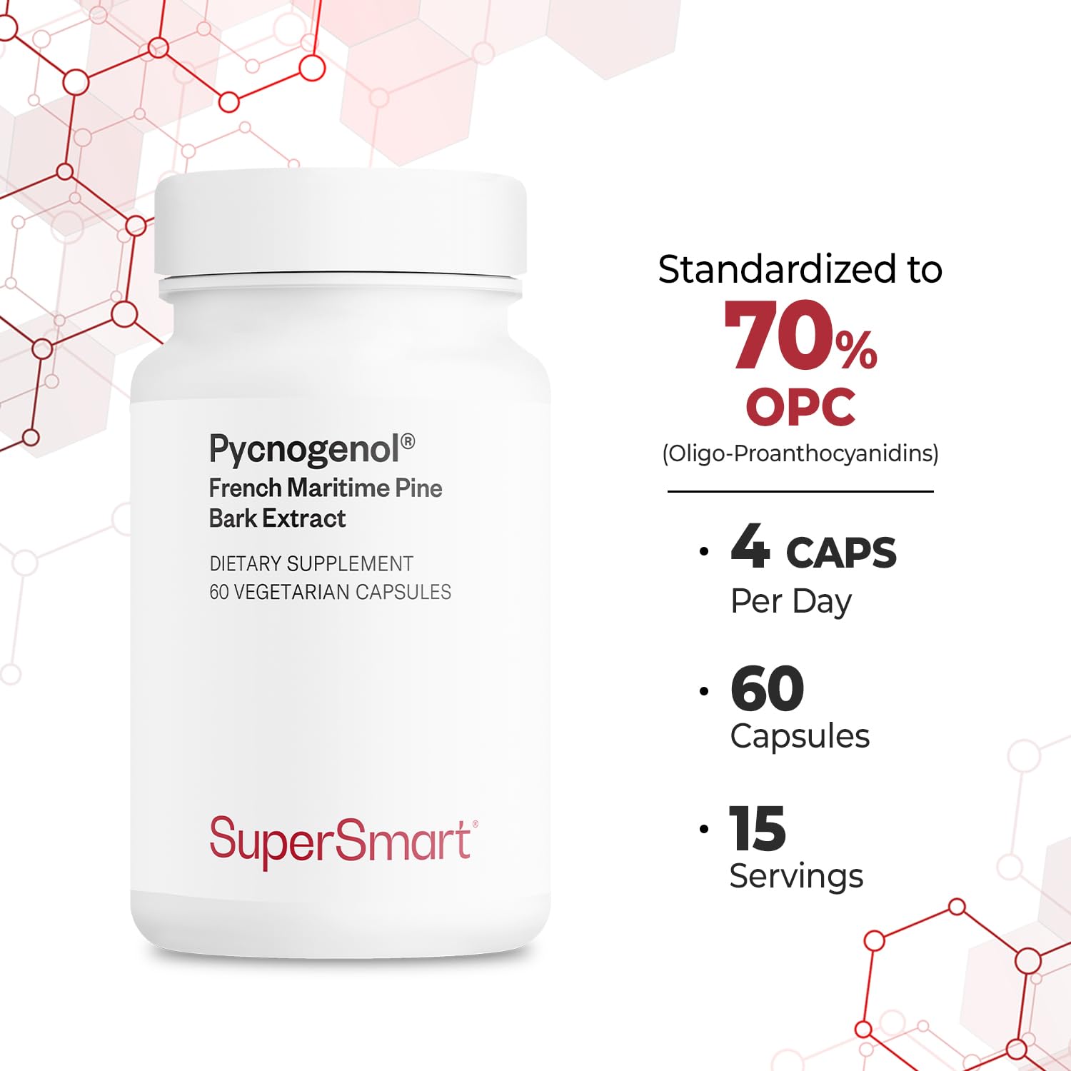 Supersmart Pycnogenol dosing information showing four capsules per day.