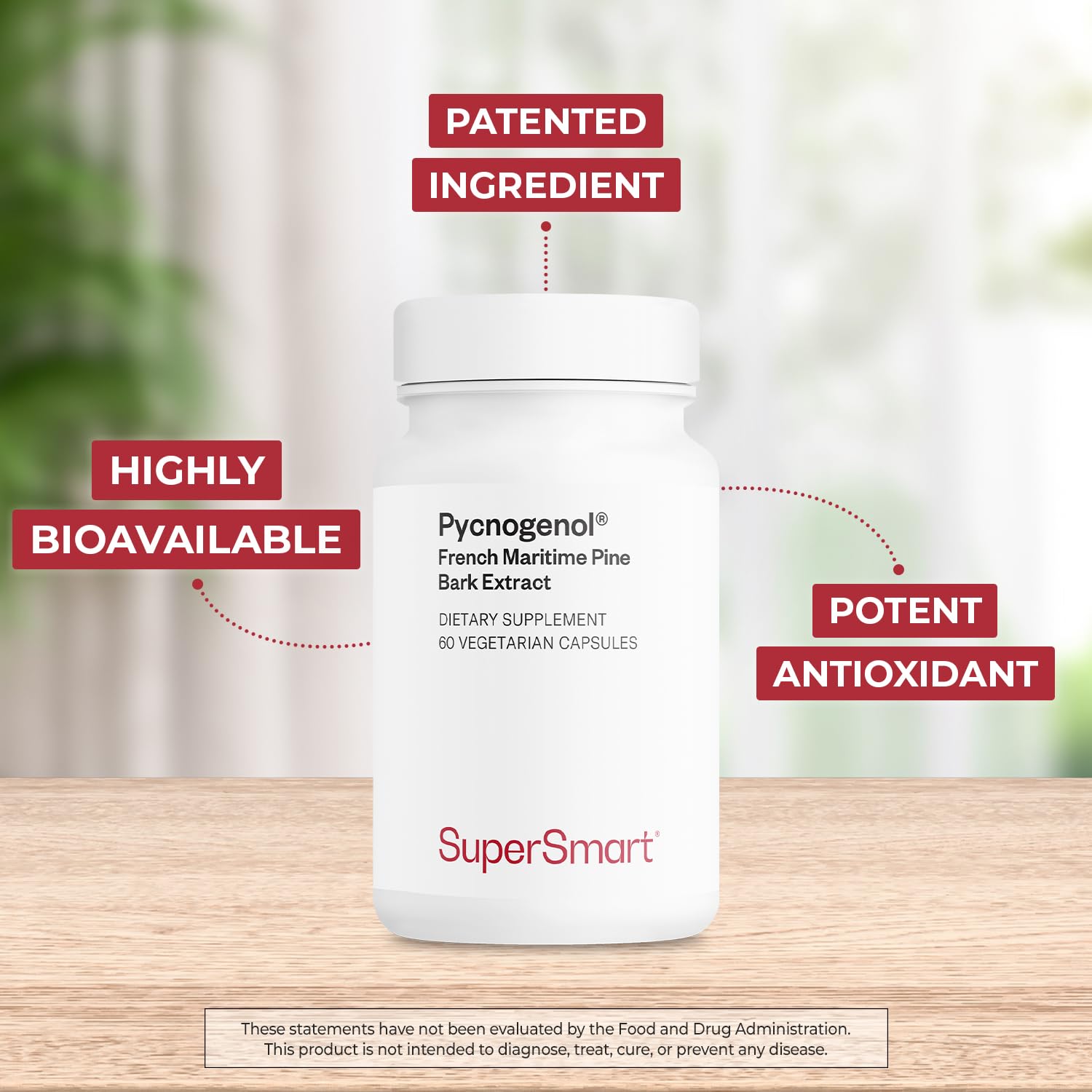 Supersmart Pycnogenol packaging back showing ingredients and non-GMO claim.