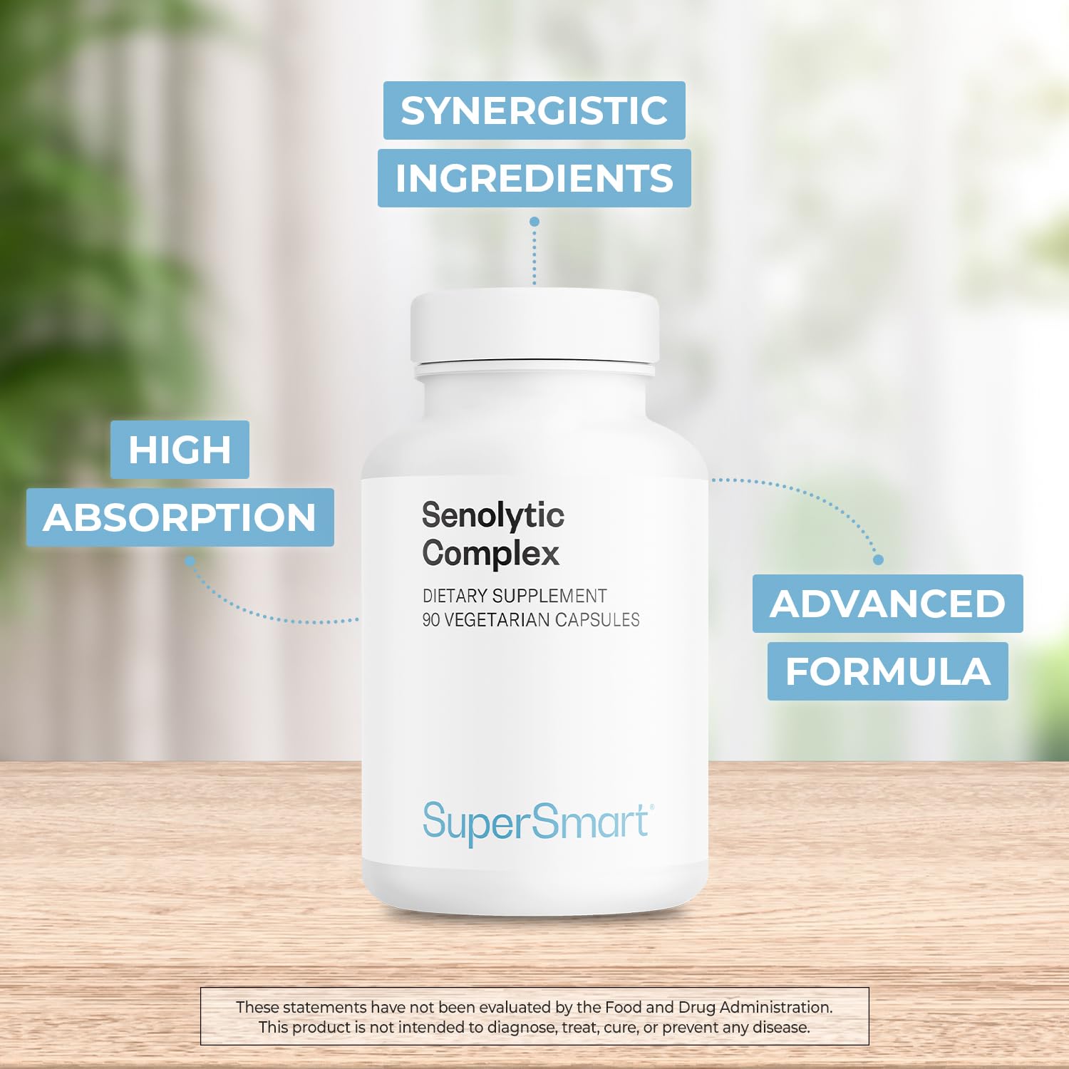 Supersmart Senolytic Complex label highlights Quercefit and Ester-C benefits.