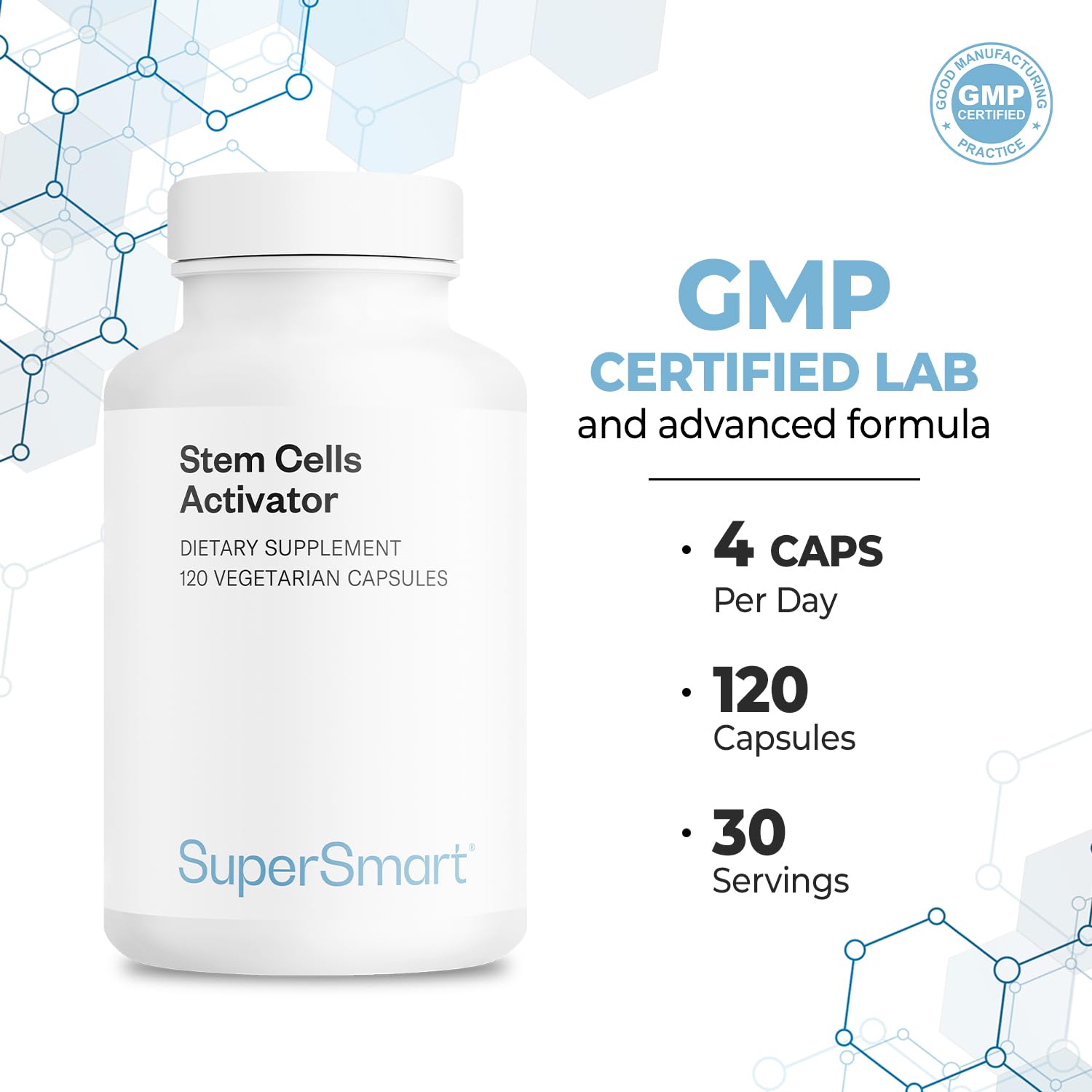 Supersmart Stem Cells Activator bottle side view with gluten-free and vegetarian friendly badges.