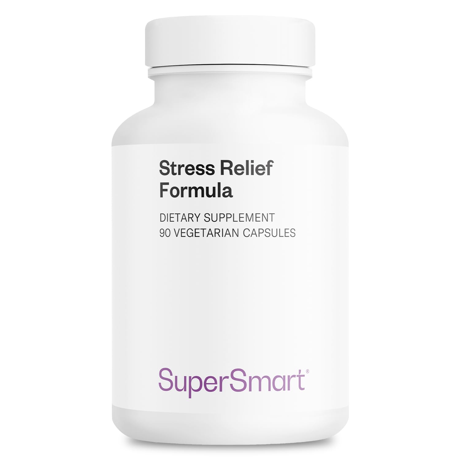 Supersmart Stress Relief Formula bottle label highlights natural ingredients for calm support.
