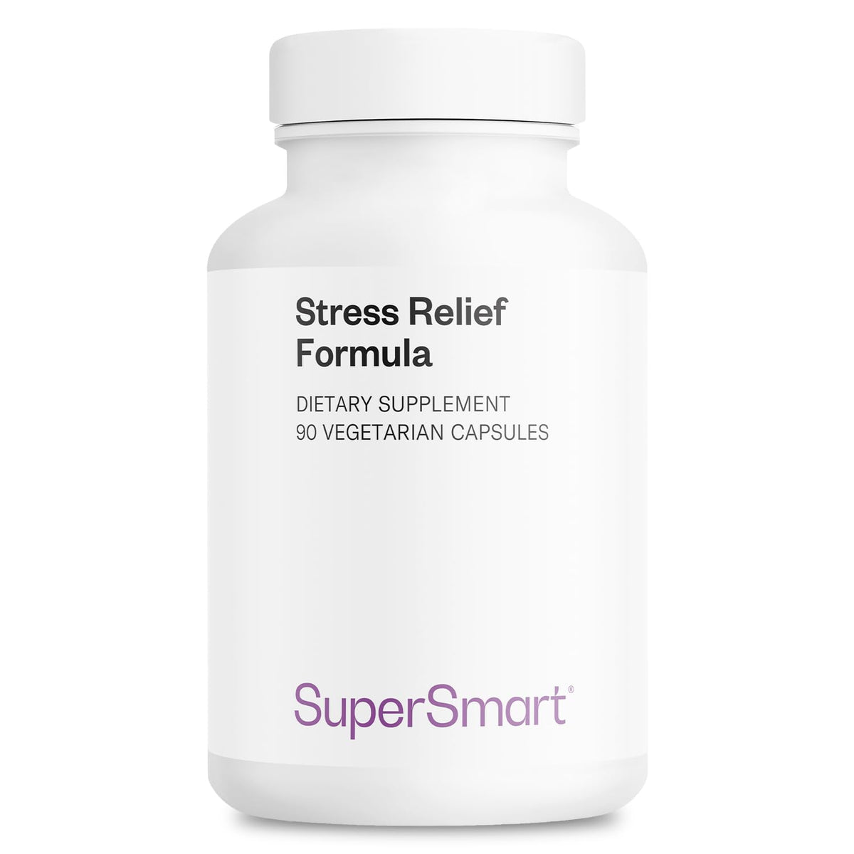 Supersmart Stress Relief Formula bottle label highlights natural ingredients for calm support.