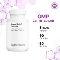 Supersmart Stress Relief Formula packaging displayed on a shelf.