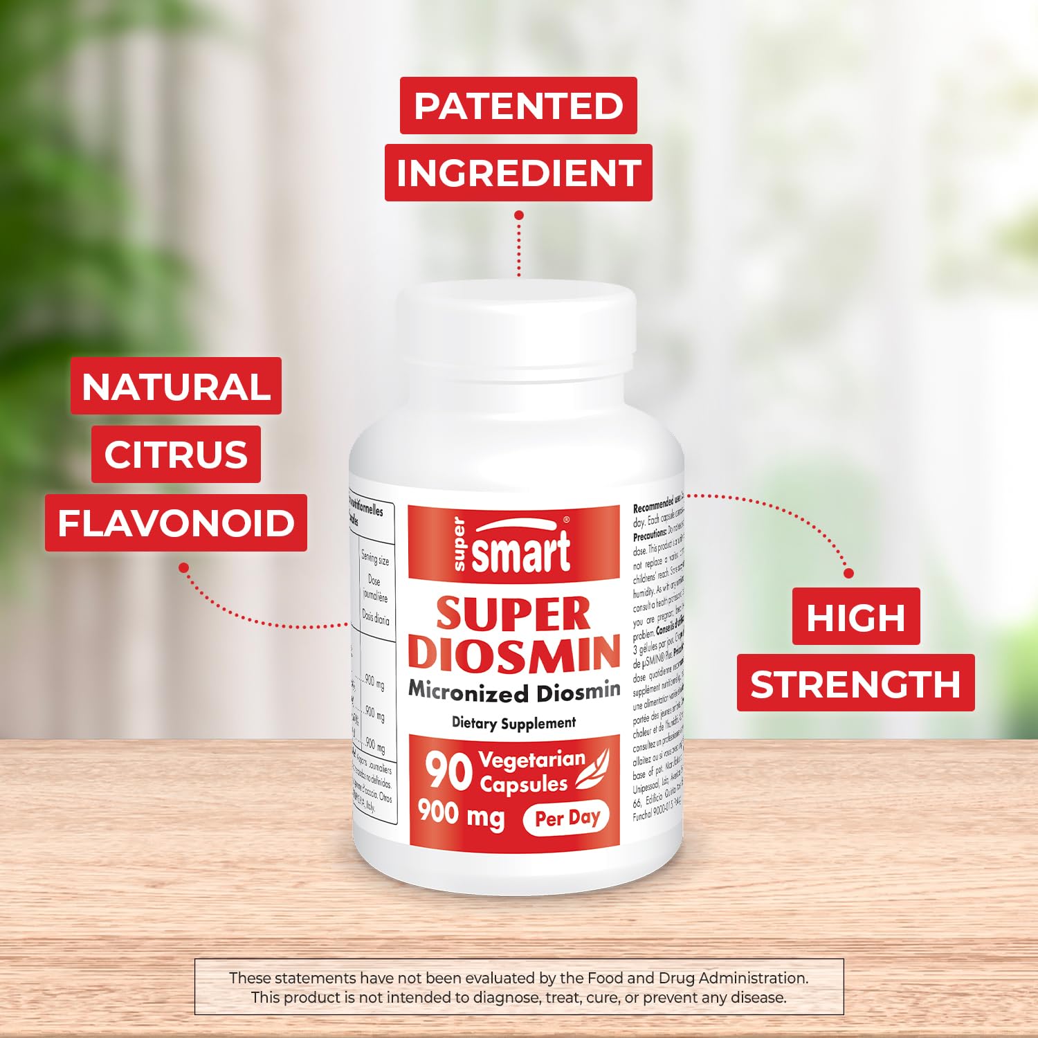 Supersmart Super Diosmin capsules close-up showing vegetarian formula for daily use.