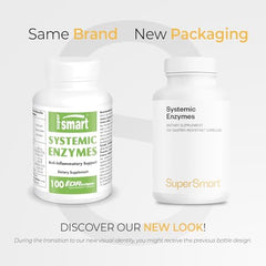 Close-up of Supersmart Systemic Enzymes capsules highlighting gastro-resistant capsules.