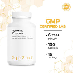 Capsules with water beside Supersmart Systemic Enzymes for easy premeal intake.