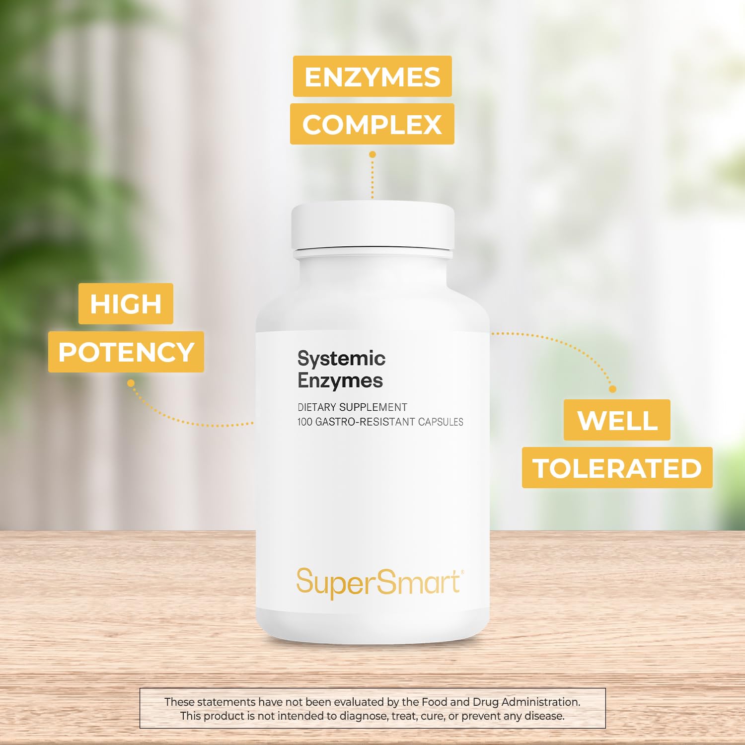 Detail of Supersmart Systemic Enzymes label showing non-GMO and gluten-free notes.
