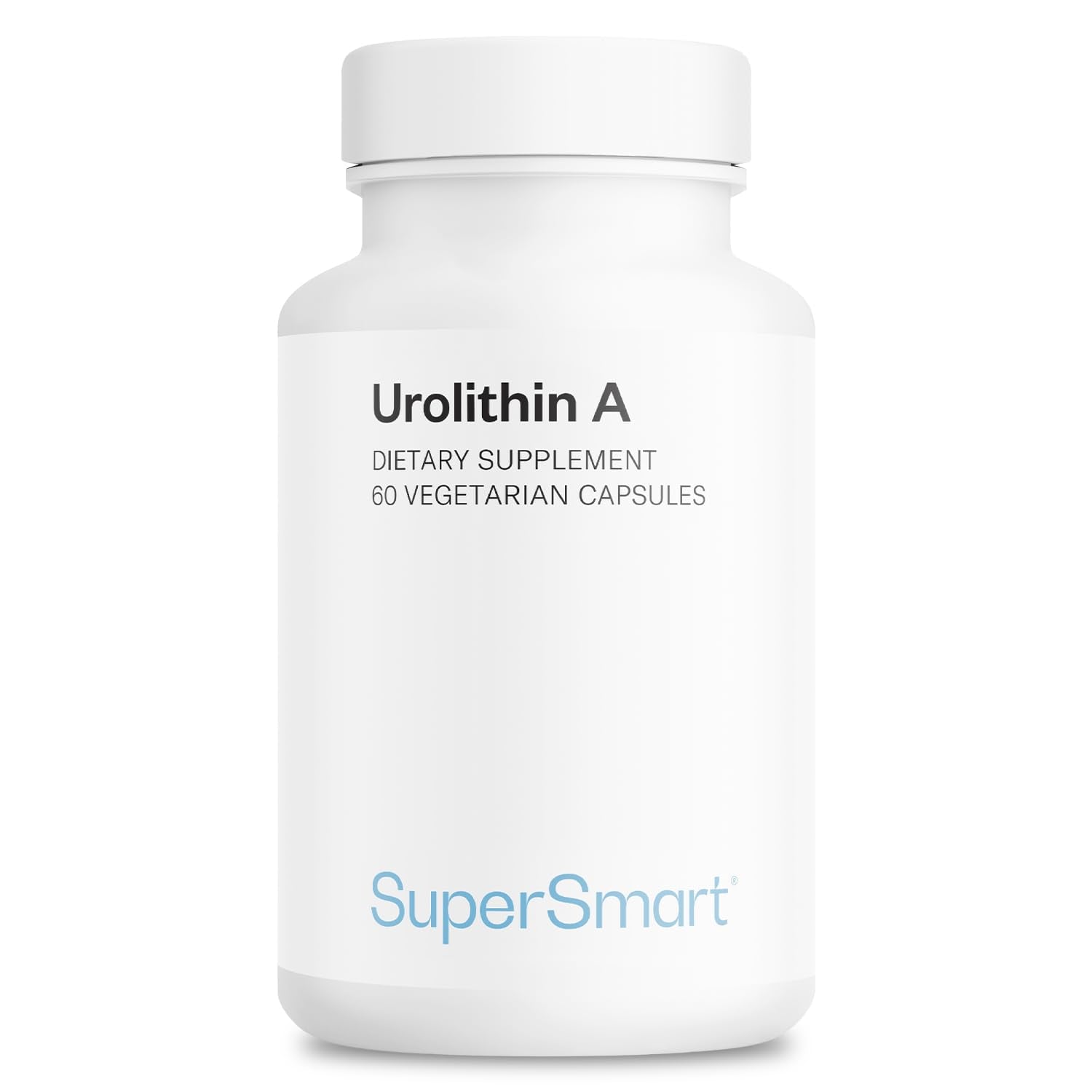 Supersmart Urolithin A bottle label with 500 mg serving for cellular support.
