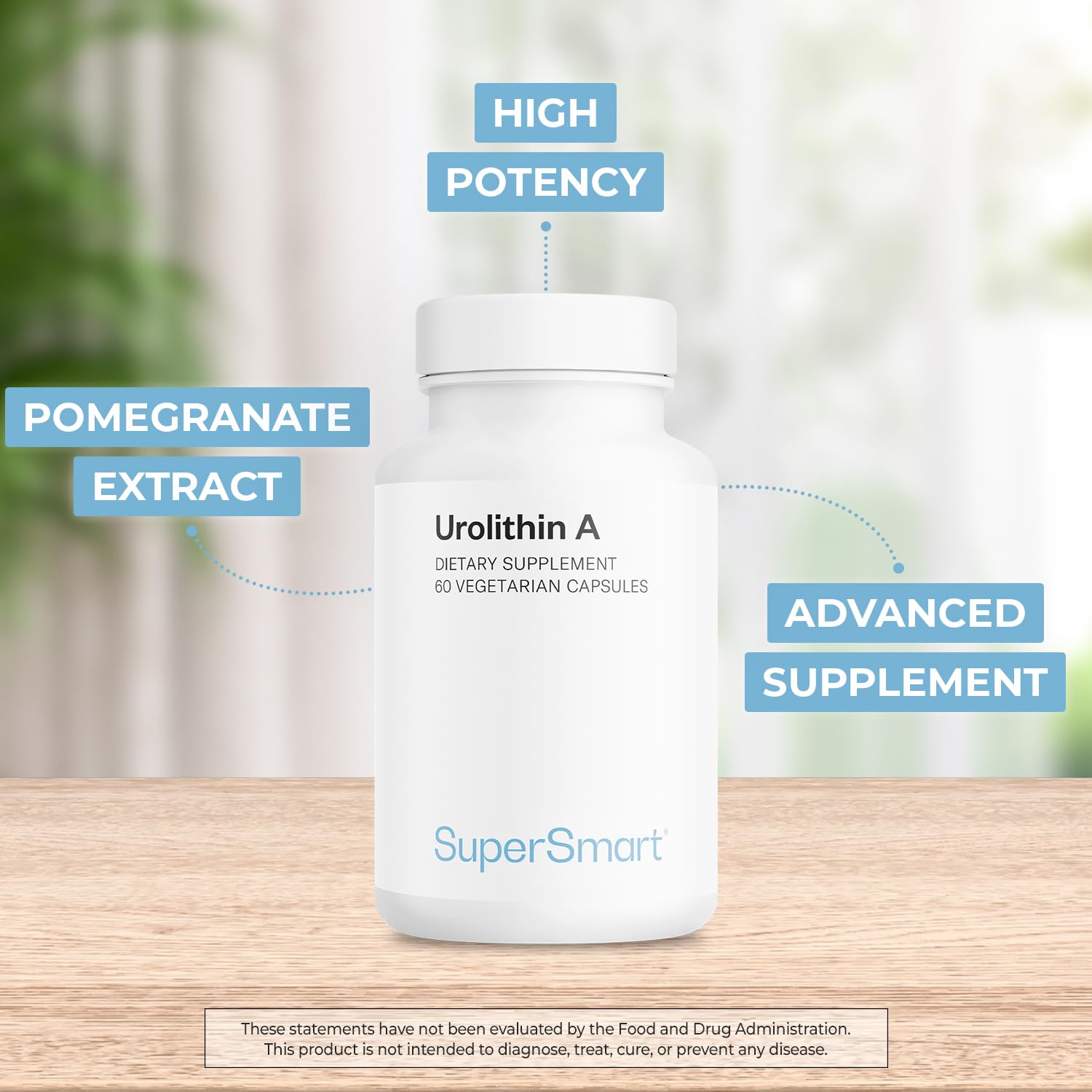 Supersmart Urolithin A capsules closeup highlighting vegan and gluten-free formula.