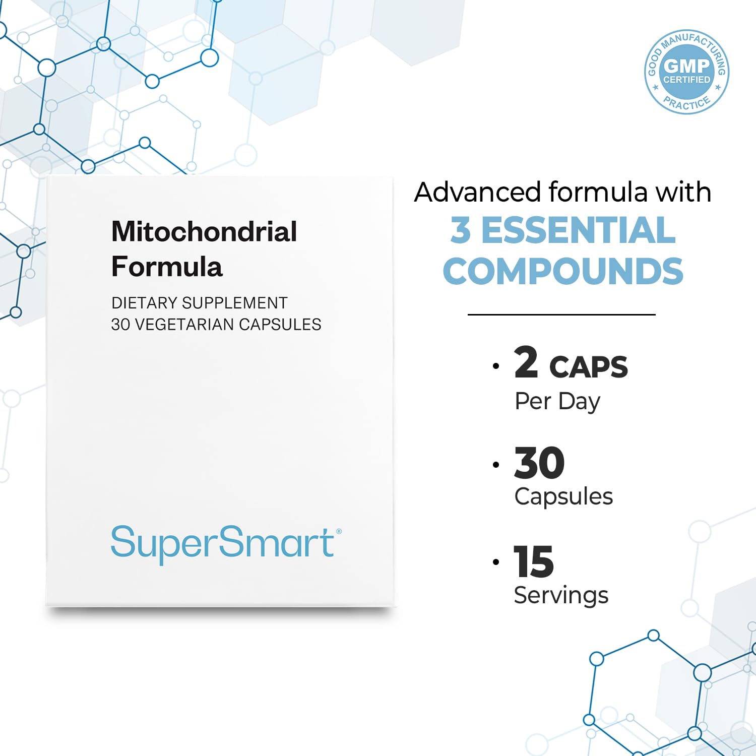 Supersmart vegan non-GMO gluten-free label emphasizing clean supplement standards.
